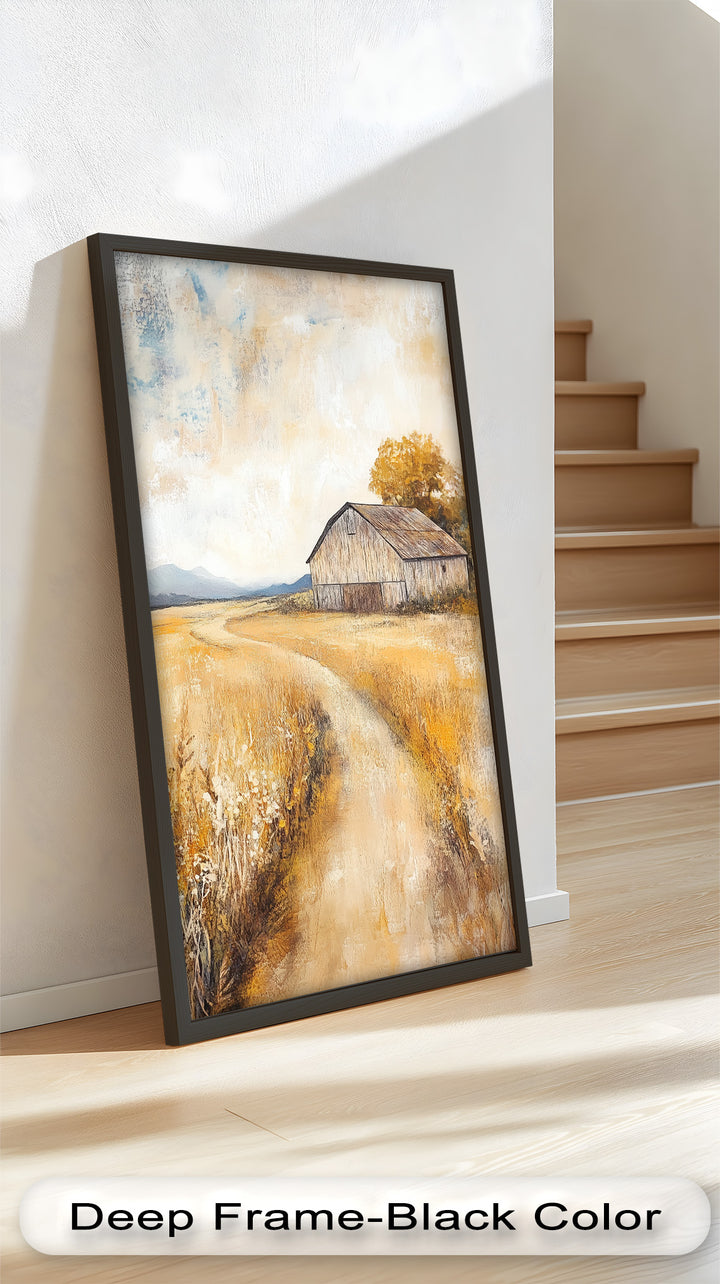 Rustikales Scheunenfeld-Landschaftsölgemälde – Landhaus-Wandkunst