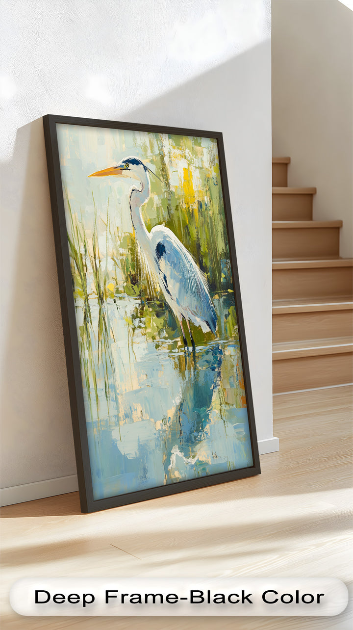 Heron Amid Textured Reflections - Animal Oil Painting
