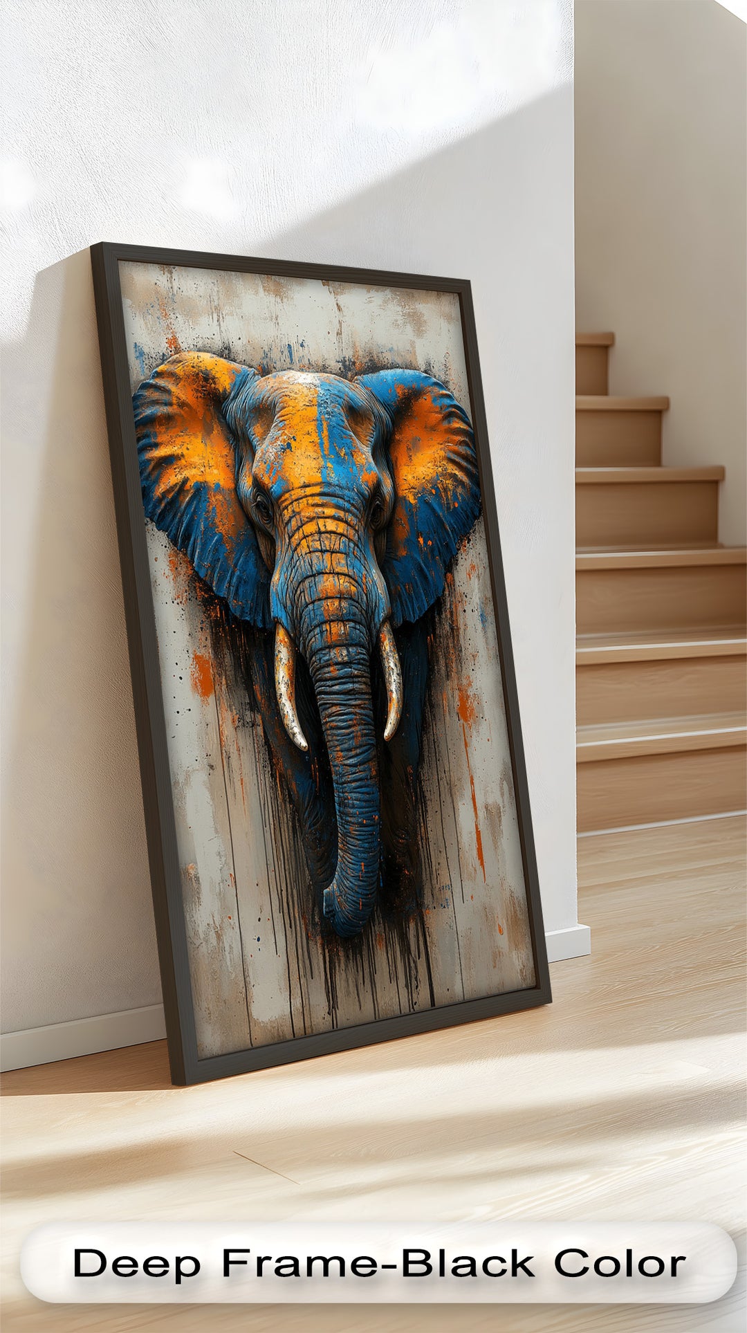 Blue and Orange Elephant Portrait - Animal Oil Painting