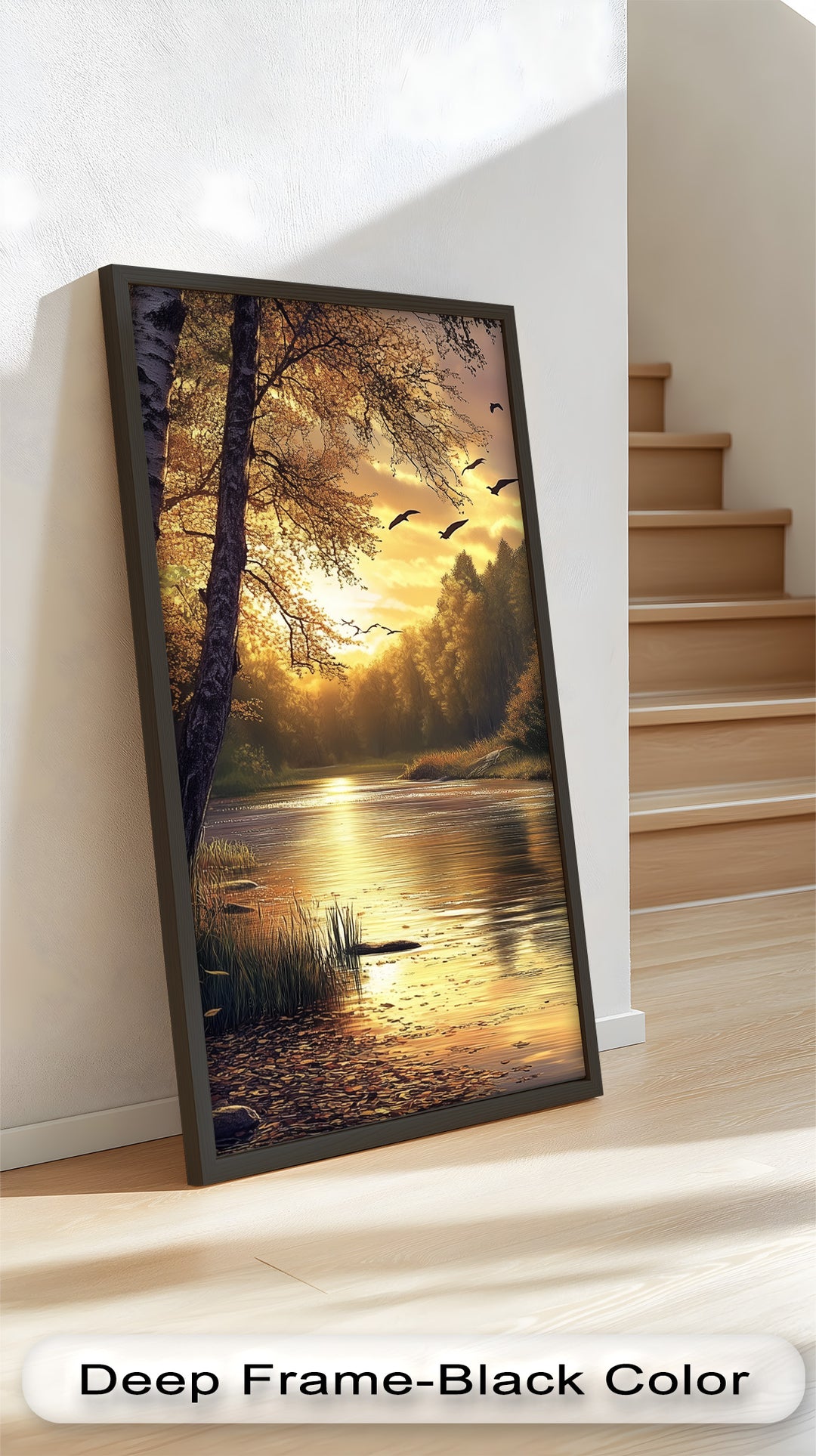 Ölgemälde einer herbstlichen Flusslandschaft – Sonnenuntergangs-Wandkunst