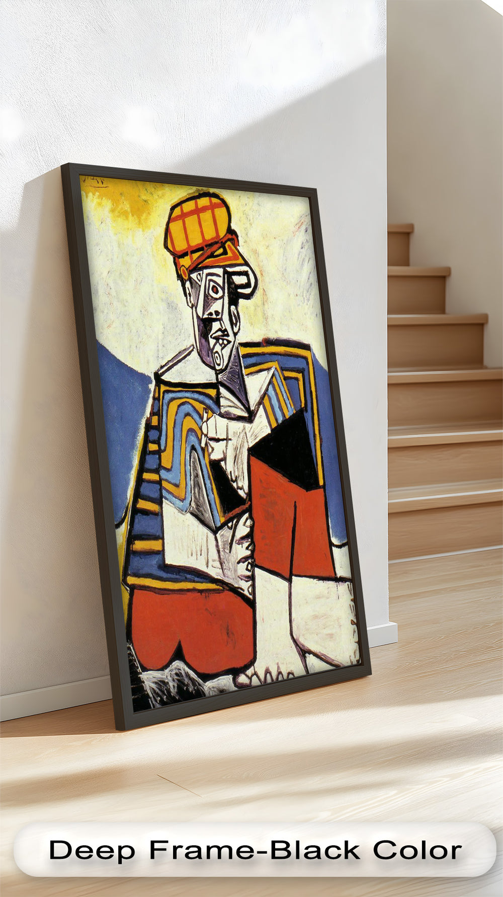 An abstract painting of a person wearing a checked hat, rendered with geometric shapes, sharp lines, and vivid colors.