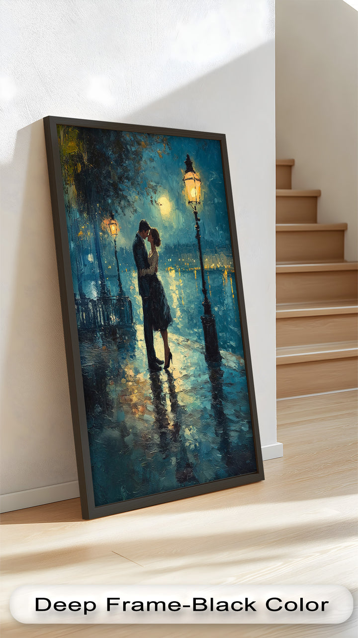 Moonlit Embrace – Lovers by the Lamplight Love Oil Painting
