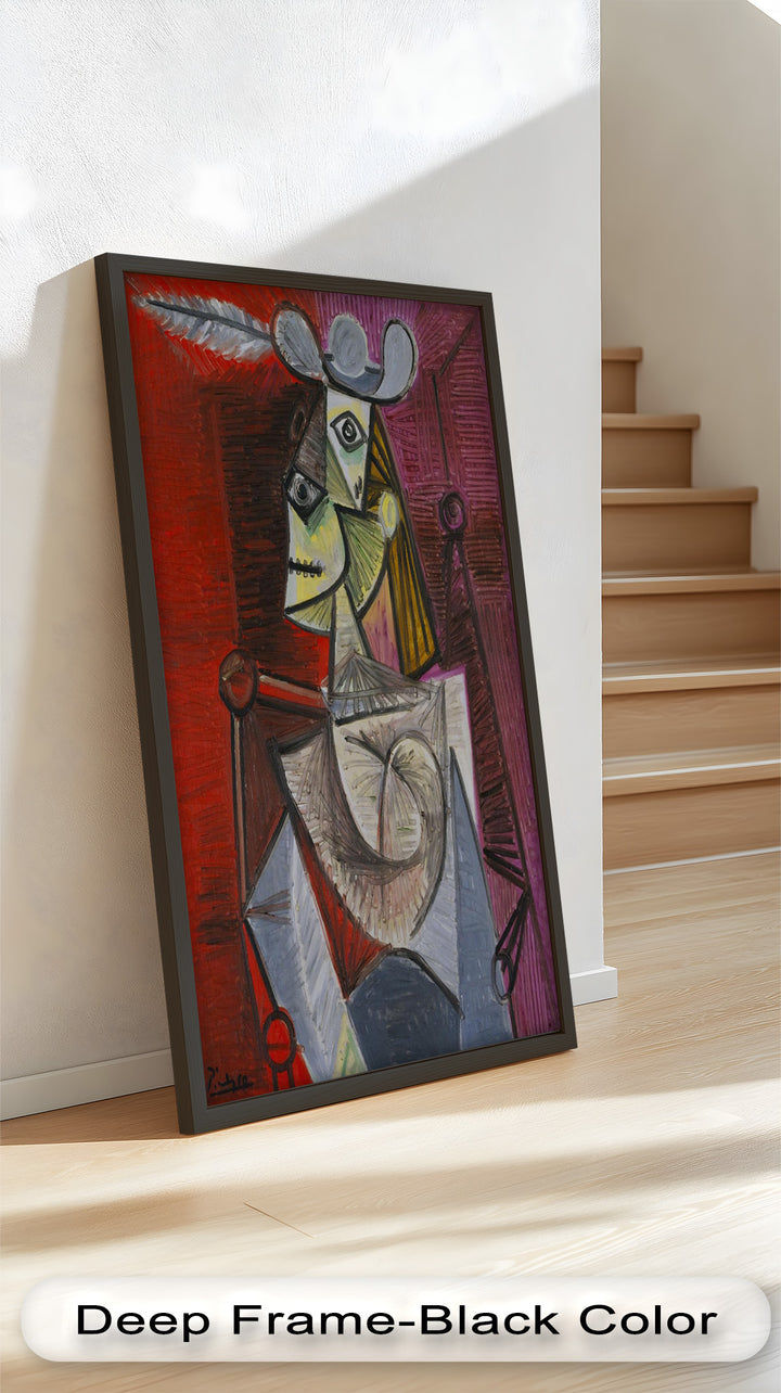 Bold in Crimson – Woman with Feather Hat Abstract Oil Painting