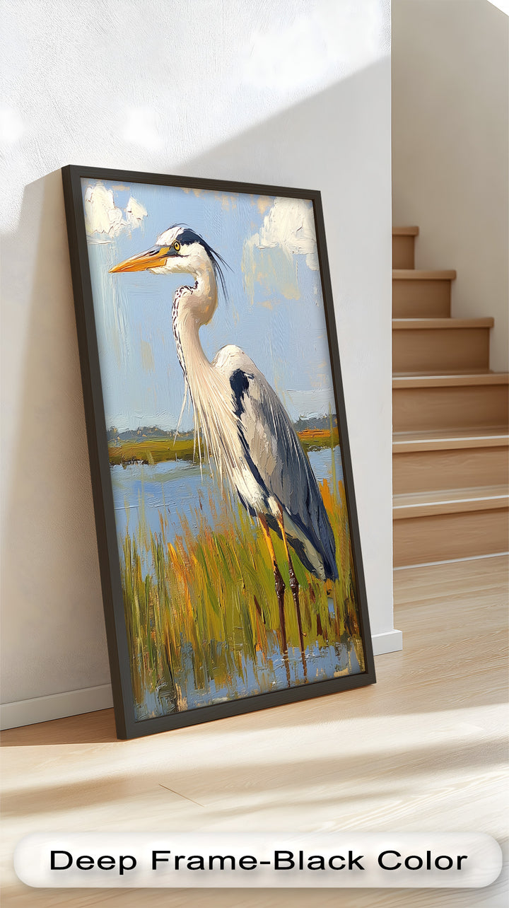 Heron in Sunlit Wetlands - Animal Oil Painting