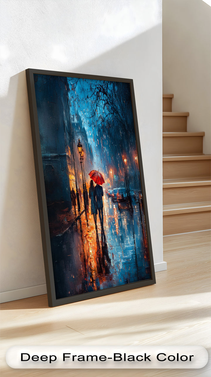 Romantic Couple in Rainy City - Love Oil Painting