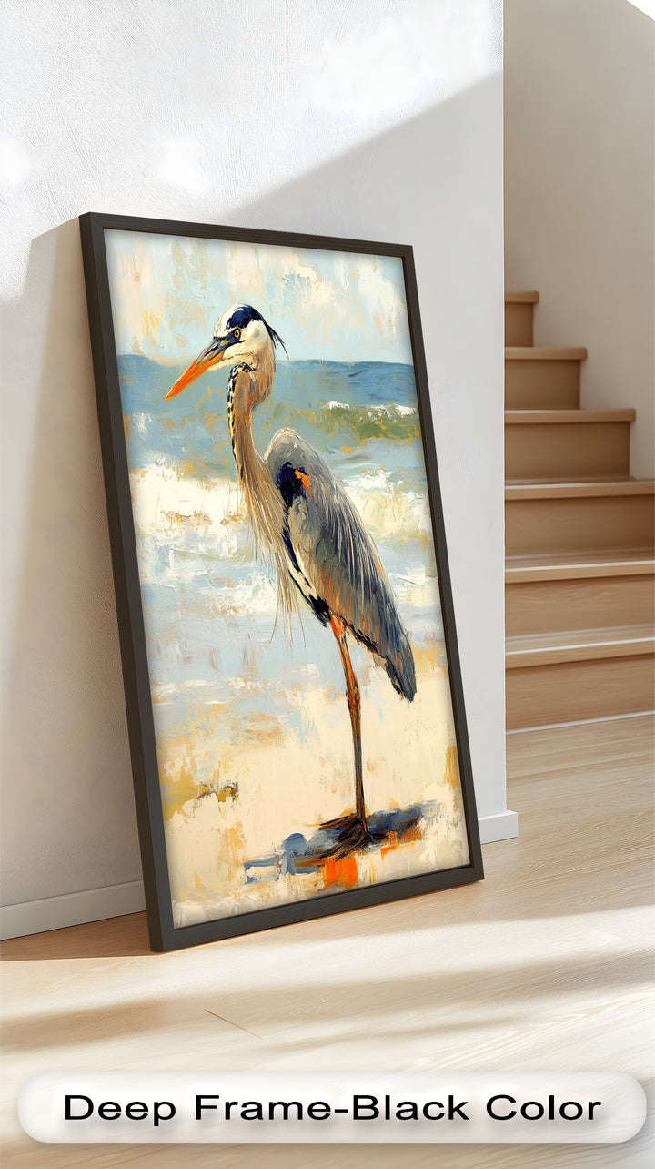 Coastal Heron with Ocean Breeze - Modern Oil Painting