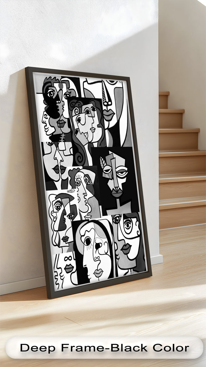 Monochrome Whispers – Collage of Cubist Faces Abstract Oil Painting