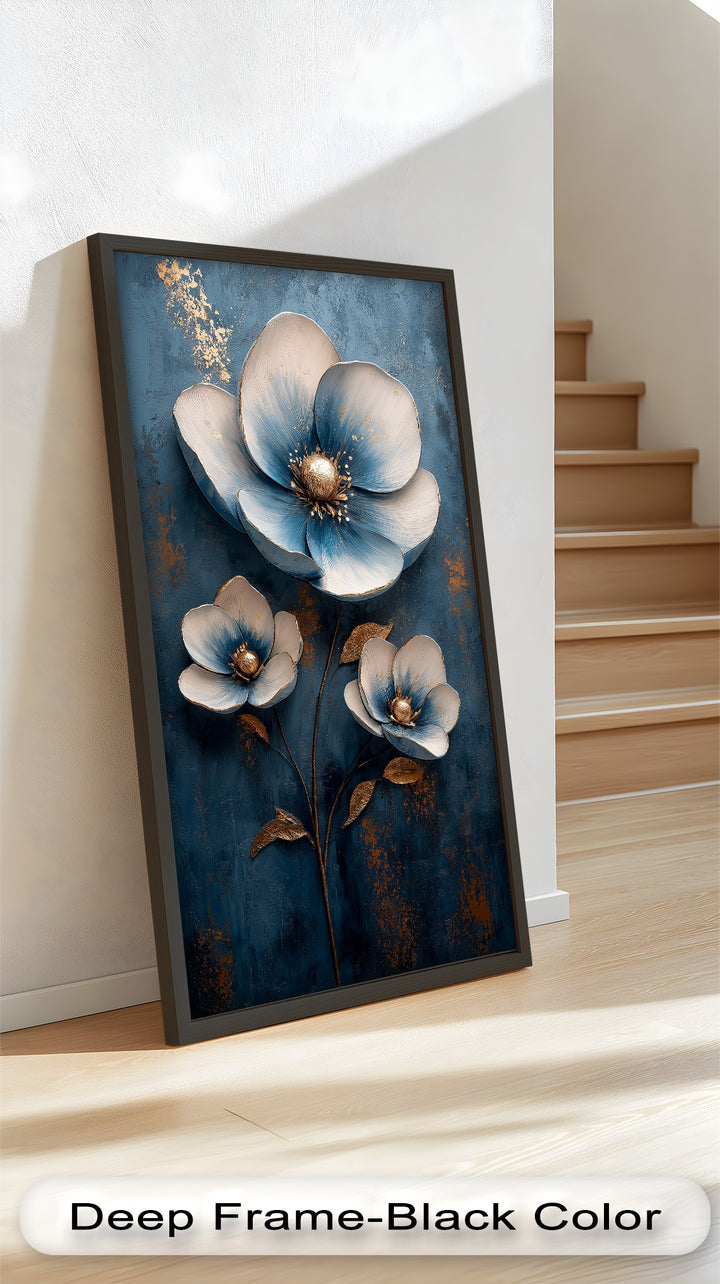 Deep Blue and Metallic Floral Elegance - Flower Oil Painting