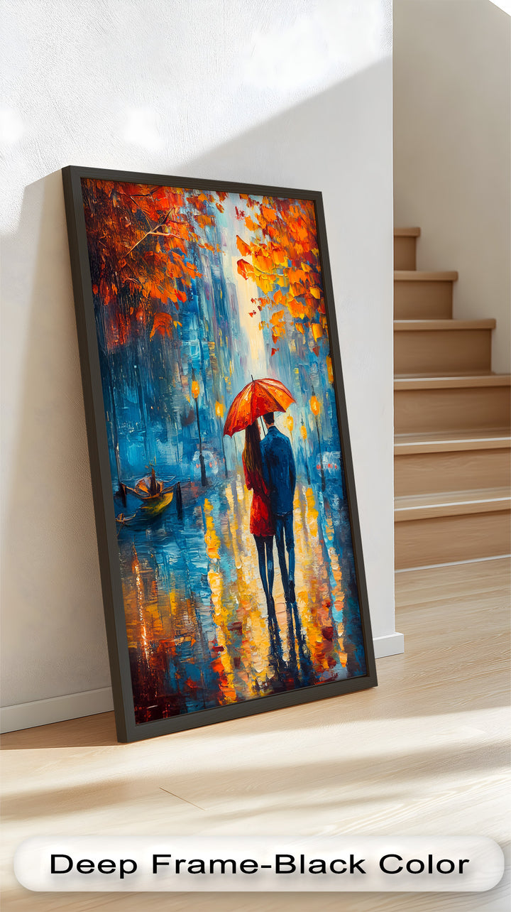 Romantic Couple Strolling Under Red Umbrella - Love Oil Painting
