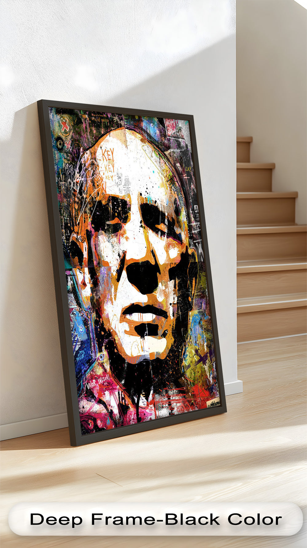 An abstract urban-style portrait of a solemn man’s face, constructed with street art elements, vivid brushstrokes, and expressive typography.