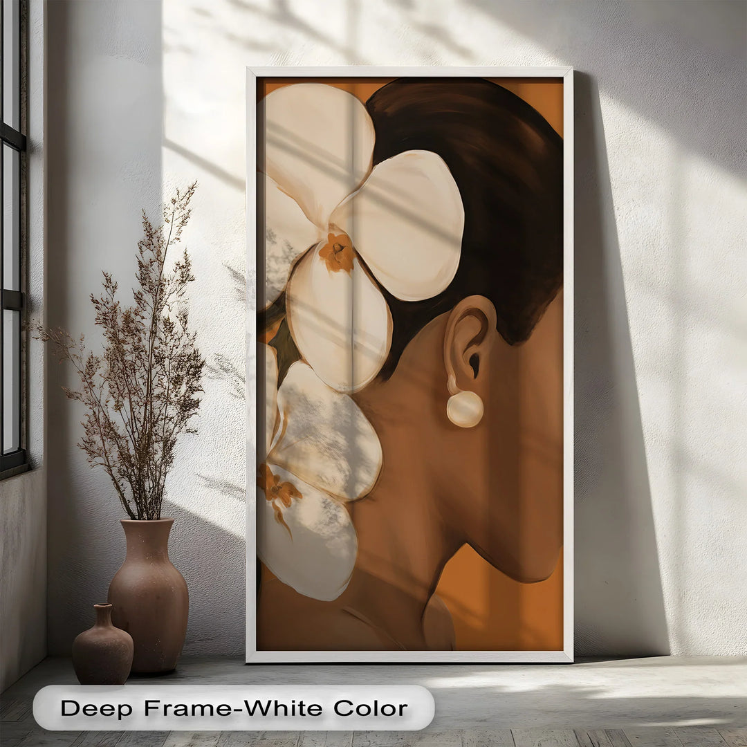 African Woman Wall Art – White Orchid Portrait Oil Painting - MyPhotoStation