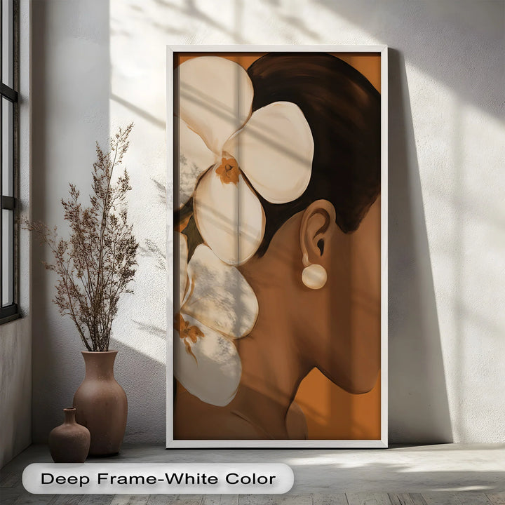 African Woman Wall Art – White Orchid Portrait Oil Painting - MyPhotoStation