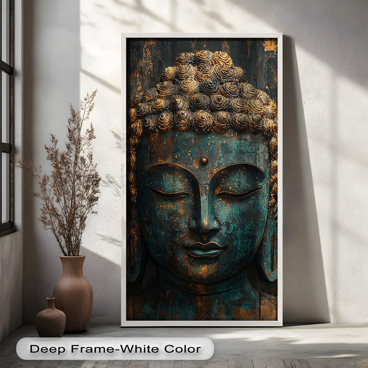 A peaceful and rustic depiction of Buddha’s face, with distressed textures blending teal blue and antique gold.
