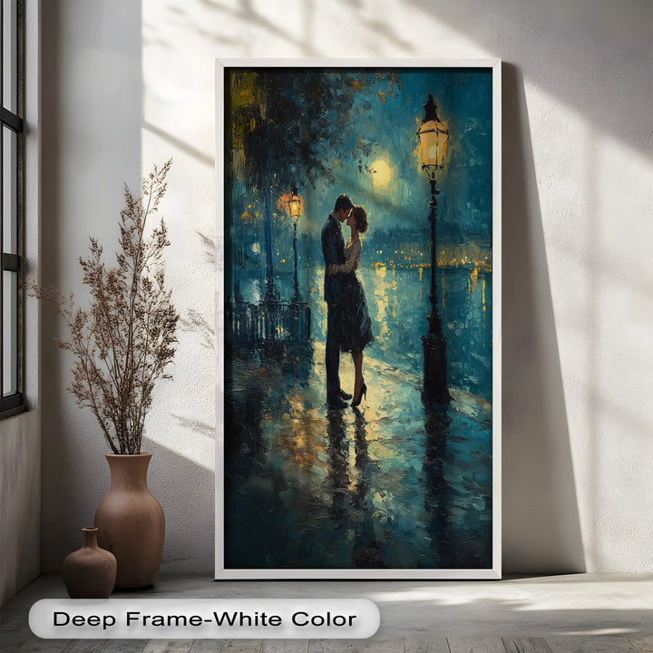 Moonlit Embrace – Lovers by the Lamplight Love Oil Painting