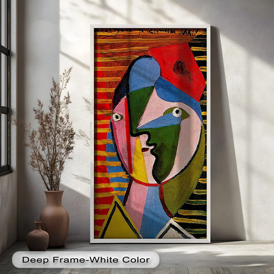 The striking finish enhances this vibrant abstract face, an eye-catching cubist oil painting wall art featuring bold colors and geometric shapes.