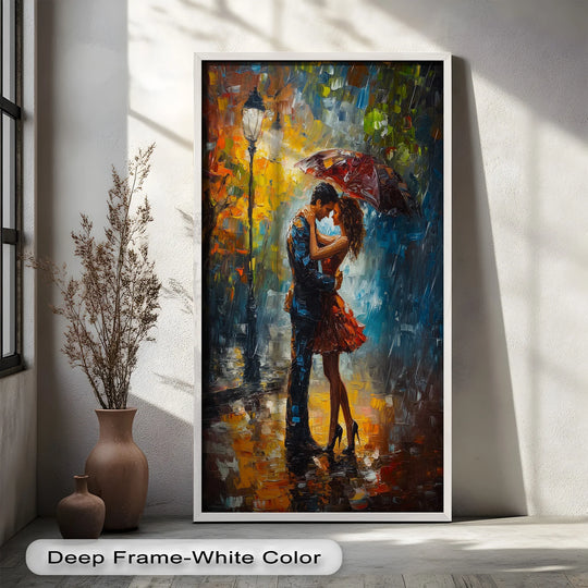 The layering effect in this modern oil painting art accentuates the rich textures of the romantic embrace under the autumn rain.
