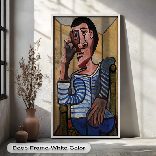 Layering the foreground and background, this cubist-style Striped Reflection – Cubist Man in Blue Chair oil painting art piece emphasizes the subject's depth and artistic complexity.