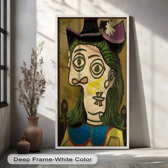 Bathed in soft light, the background complements the whimsical cubist oil painting artwork, 'Whimsical Gaze,' enhancing the surreal woman's green hair and floral hat.