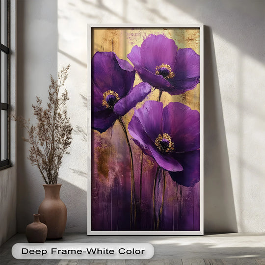 Geometric composition featuring a framed flower oil painting art piece displaying three purple floral forms with golden accents against a textured background.
