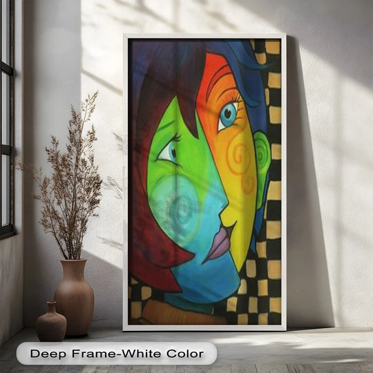 Striking color contrast defines this 'Dual Harmony' abstract faces oil painting wall art, a vivid depiction of love in a Picasso-inspired style.