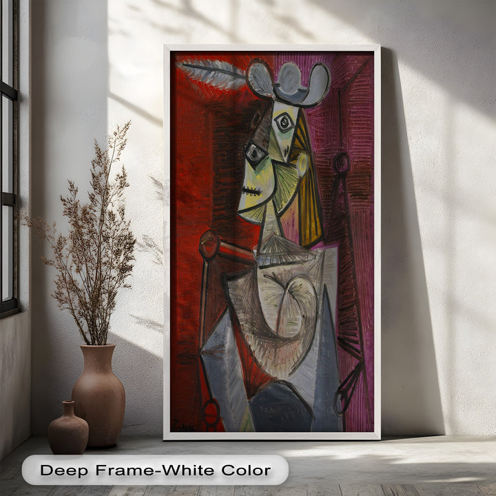 Bold in Crimson – Woman with Feather Hat Abstract Oil Painting