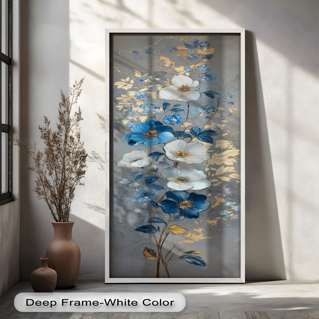 A graceful painting of blue and white flowers on slender stems, accented with golden leaves and soft gray background for a refined look.