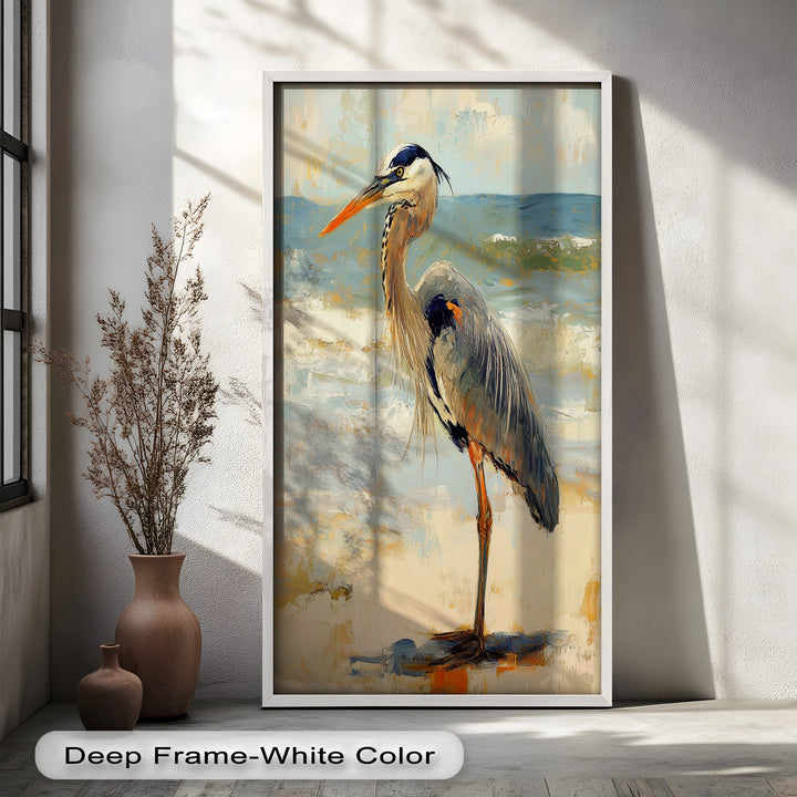 Coastal Heron with Ocean Breeze - Modern Oil Painting
