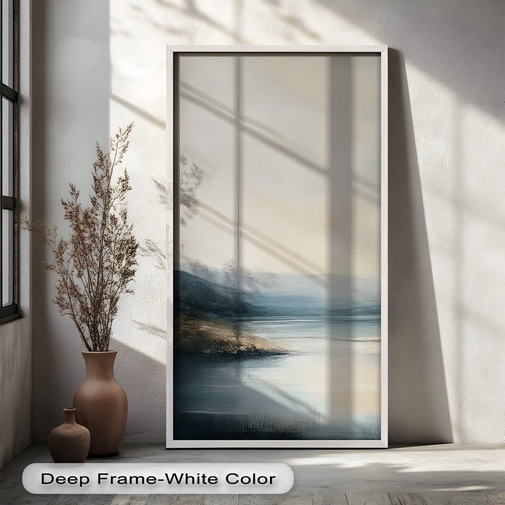 A graceful tribute to untouched landscapes, this artwork captures the soothing essence of water, light, and distant mountains.