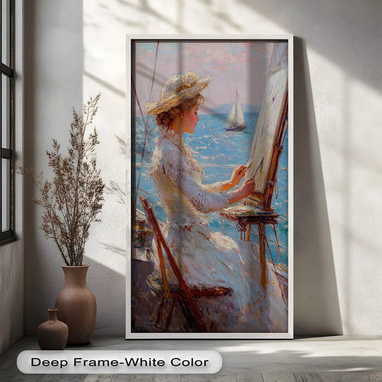 Shadowed beneath the vase of dried flowers, the seaside muse modern oil painting art shows an artist at her easel on a boat, rendered in impressionistic strokes.