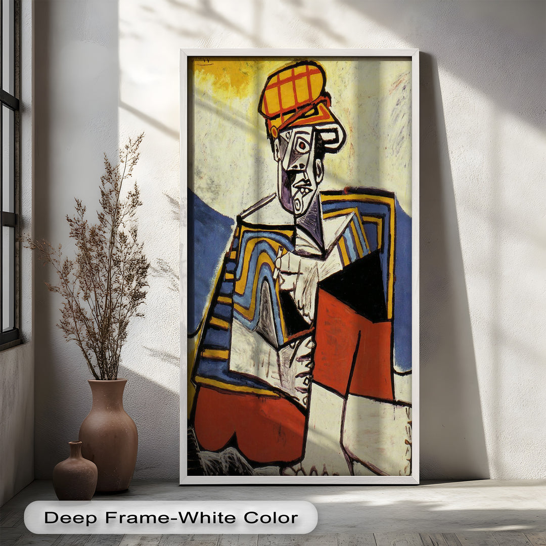 A bold cubist portrait of a seated figure in a red and yellow cap, with angular features and dynamic patterns in a stylized form.