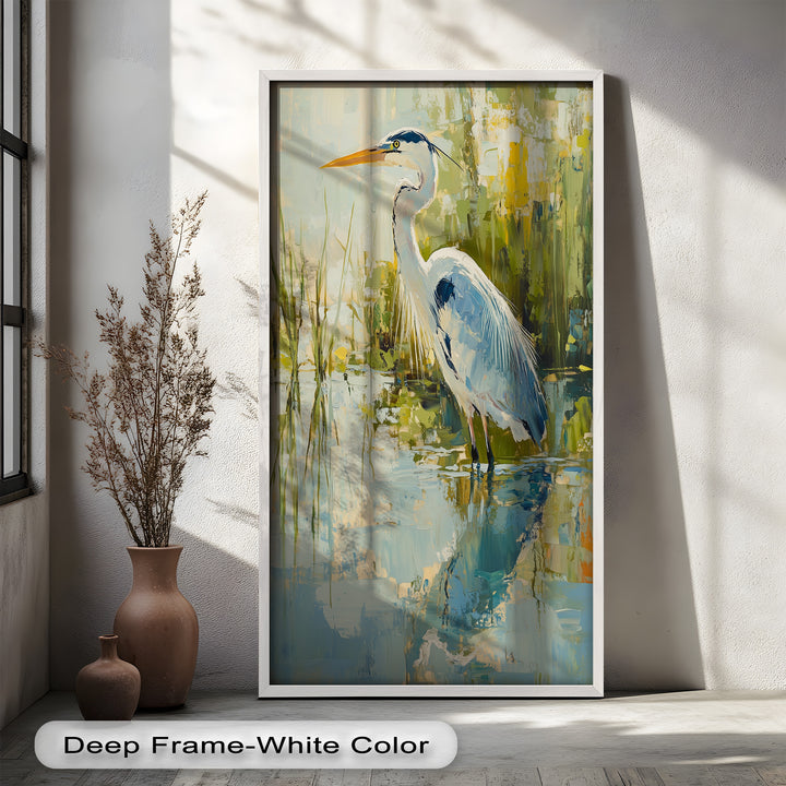 Heron Amid Textured Reflections - Animal Oil Painting