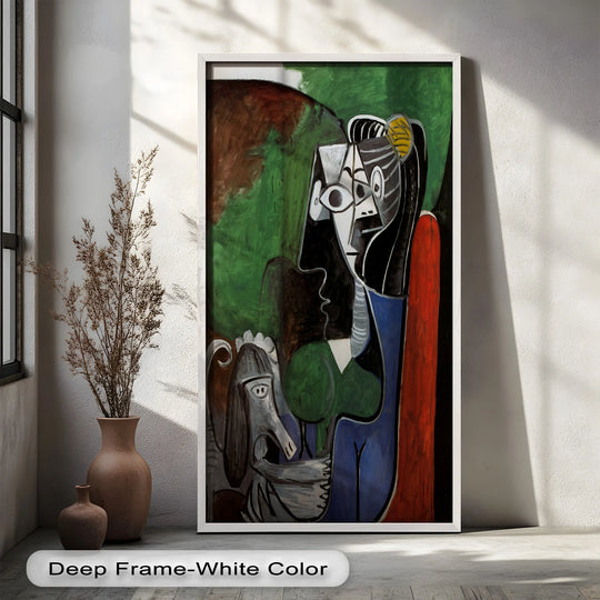Contemplative, the modern oil painting art evokes a serene ambiance with its cubist depiction of a woman and dog in vivid, bold colors.