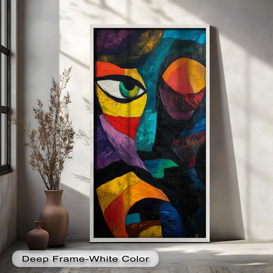 The deep white edge and borders accentuate the modern faces of this abstract oil painting reproduction print, giving it a gallery-worthy presentation.