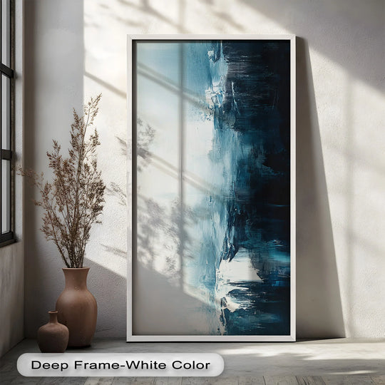Capturing the focal point of this deep blue abstract oil painting evokes the mystery of a midnight fjord, akin to a fine oil painting reproduction print.