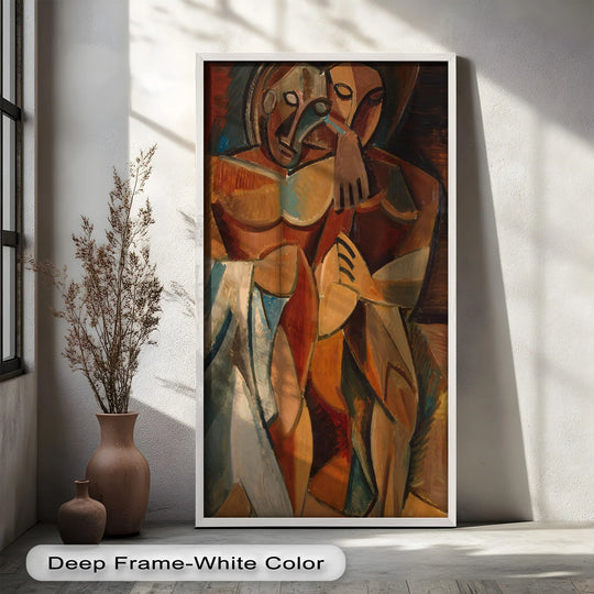 The focal point showcases an abstract embrace rendered in earthy tones, exemplifying expressive cubist oil painting art prints reminiscent of Picasso's unique style.
