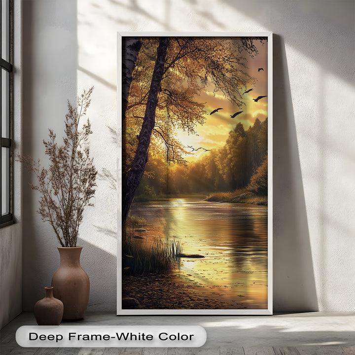 Ölgemälde einer herbstlichen Flusslandschaft – Sonnenuntergangs-Wandkunst
