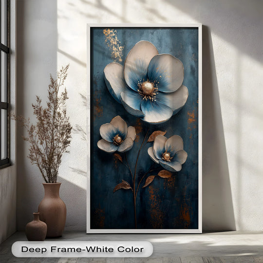 Rectangular deep blue and metallic floral elegance shows the geometric interplay between flower petals and the textured background in this oil painting artwork.