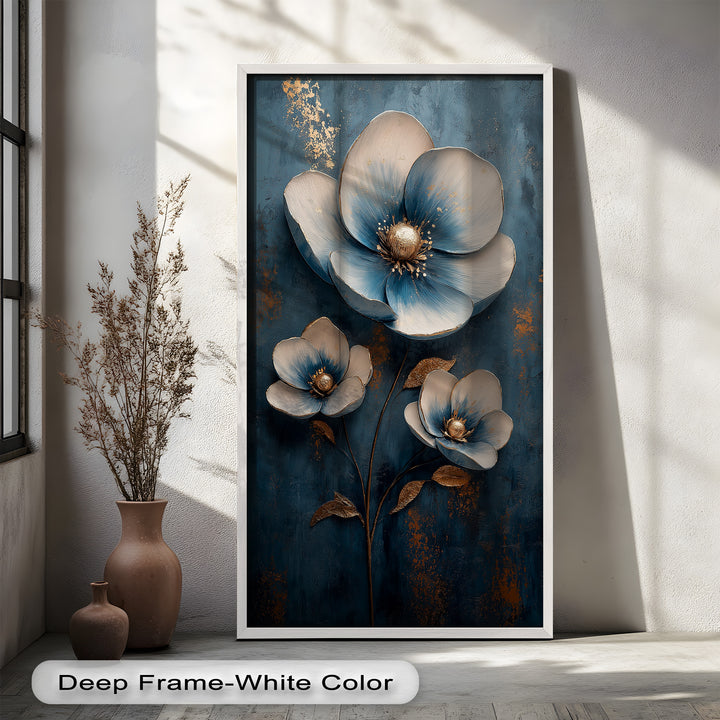 Deep Blue and Metallic Floral Elegance - Flower Oil Painting