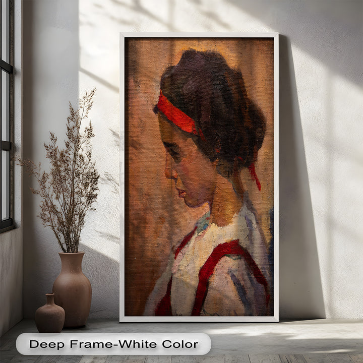 Crimson Reverie – Side Portrait of a Girl in Red Headband Oil Painting