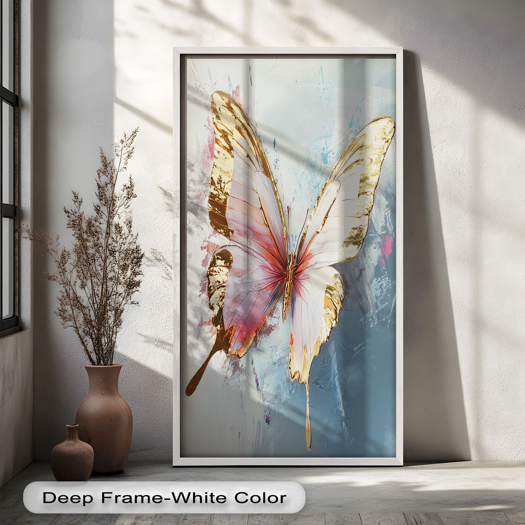 Gold und Blush Schmetterling in Bewegung - Tier Ölgemälde