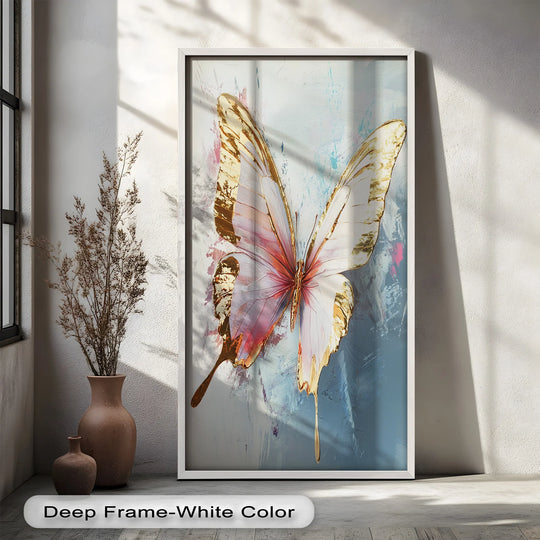 Evoking a serene mood, this gold and blush butterfly oil painting art prints showcases the delicate beauty of nature with its shimmering, elegant design.