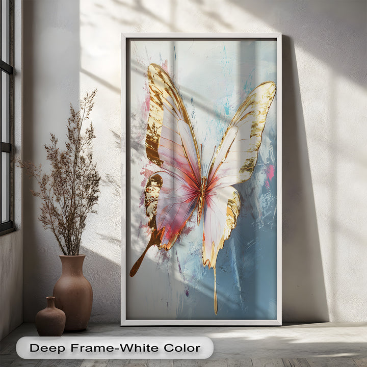 Gold und Blush Schmetterling in Bewegung - Tier Ölgemälde