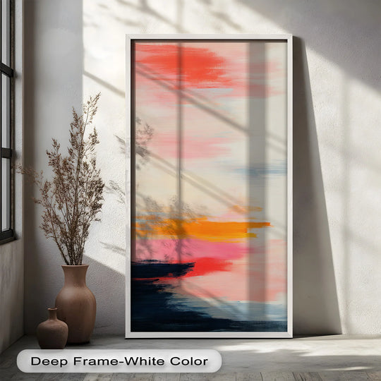 Warm hues dominate this abstract oil painting artwork, transitioning from a fiery orange sunset to cooler navy tones at the horizon.