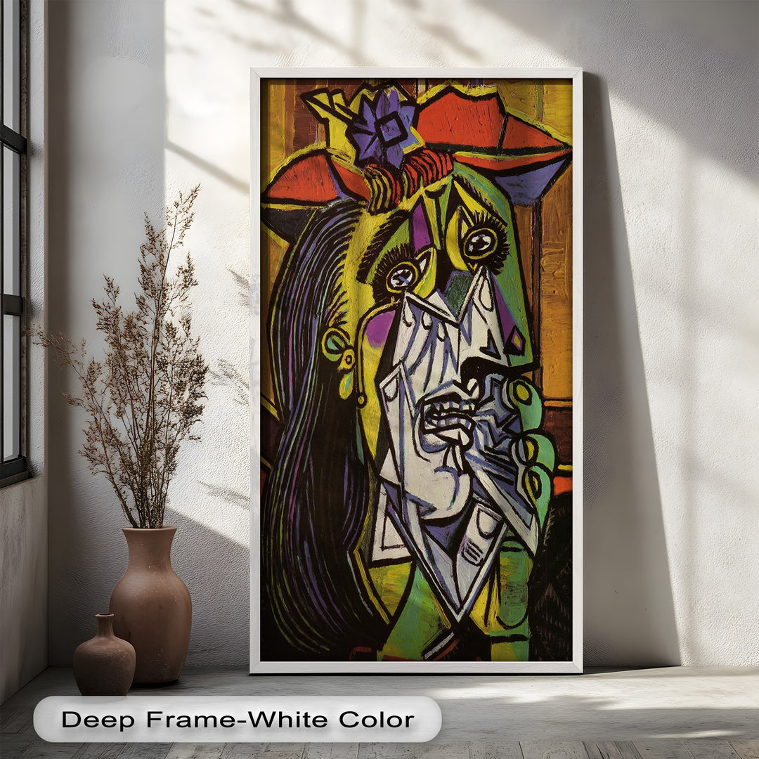 A dramatic cubist portrait of a woman in distress, with exaggerated features, bold colors, and expressive angular forms.