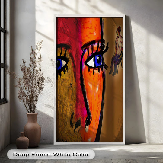 The darkest area accentuates the striking contrast in this modern oil painting art, emphasizing the abstract portrait's bold gaze and distant figure in the 'Gaze of Fire.'