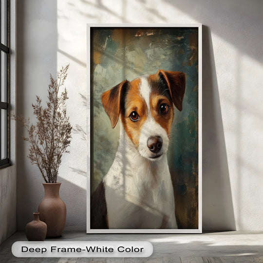 The focal point is this modern oil painting art featuring a soulful Jack Russell portrait, rendered with lifelike detail and warm tones in this animal oil painting.