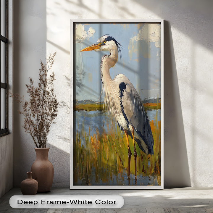 Heron in Sunlit Wetlands - Animal Oil Painting