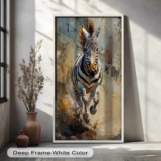 Geometric brushstrokes form the dynamic composition of the galloping zebra in this animal oil painting, a distinctive piece of oil painting home decor.