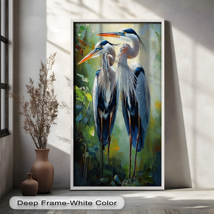 Two Herons Among Verdant Shadows - Animal Oil Painting