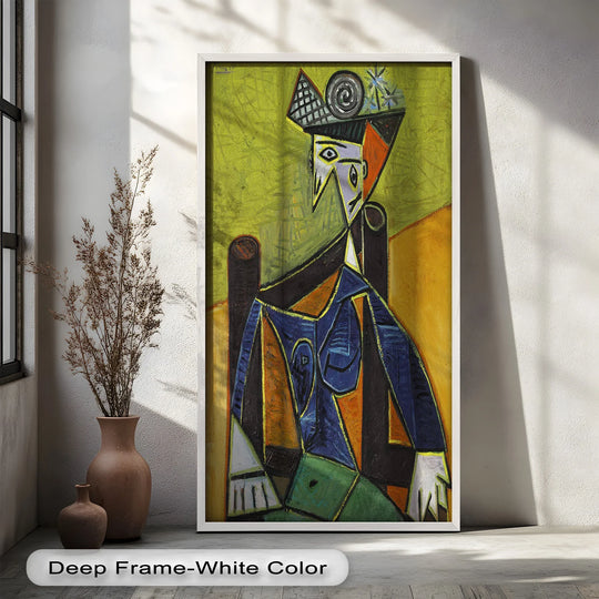 Highlighting the sunny yellow background, this artful oil painting home decor piece features a 'Woman with Spiral Hat' in a geometric abstract Picasso style.